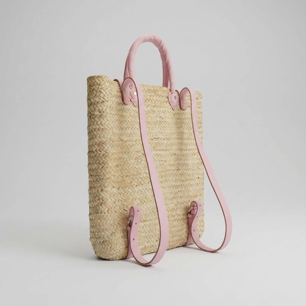 Woven Straw Backpack blue Leather Straps Boho Summer Bag