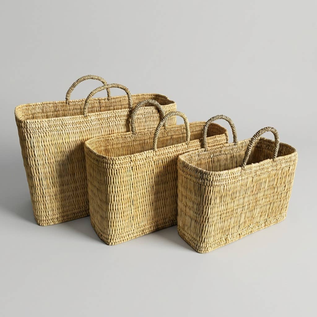 Natural Woven Reed Market Basket Tote - Boho Beach Style