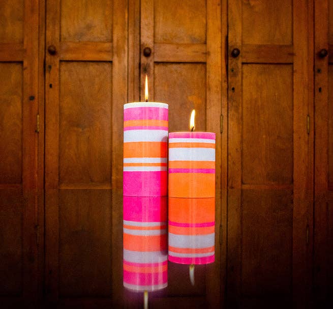 10 cm Small STRIPED Orange Flame, Willow & Neyron Pillar Candle