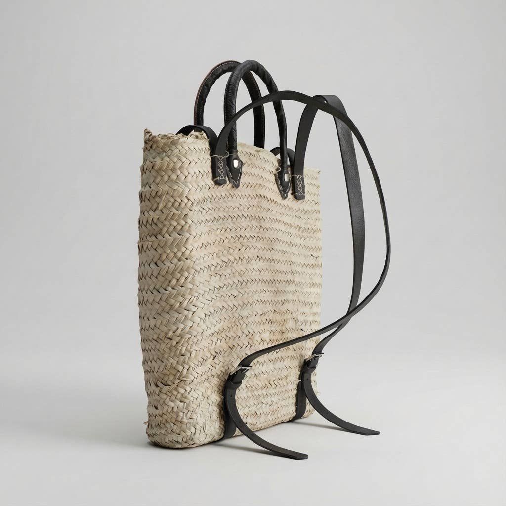 Woven Straw Backpack blue Leather Straps Boho Summer Bag