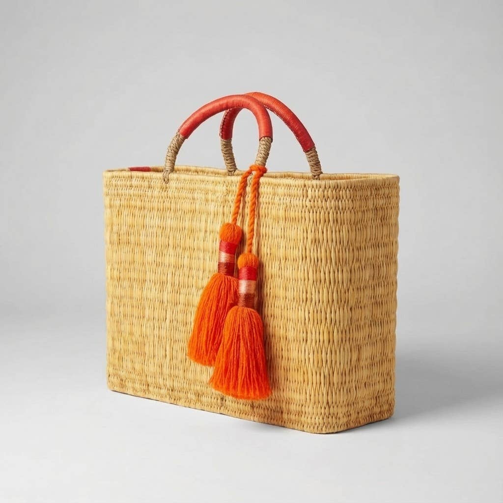 Natural Reed Tote Bag with Brown Tassels | Bohemian Handbag