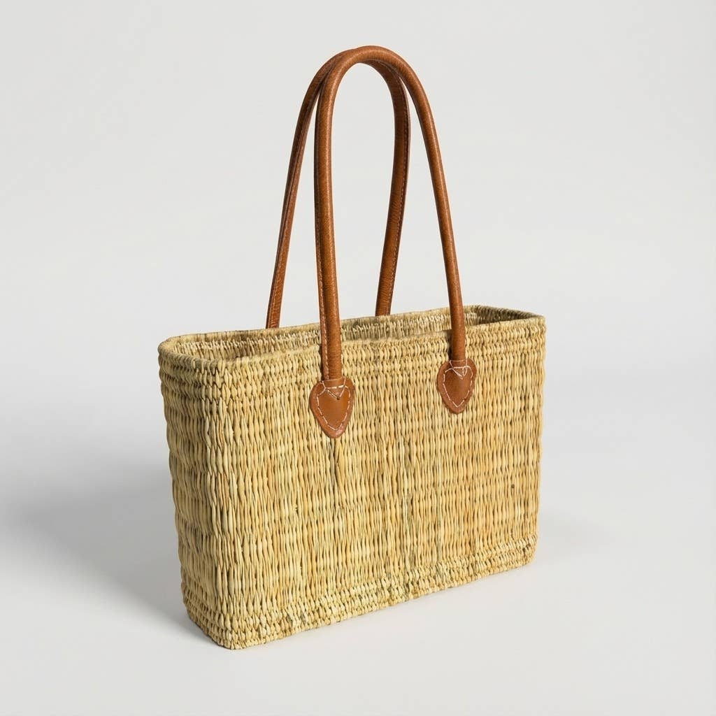 Reed Market Basket Leather Handles - Natural Woven Tote Bag