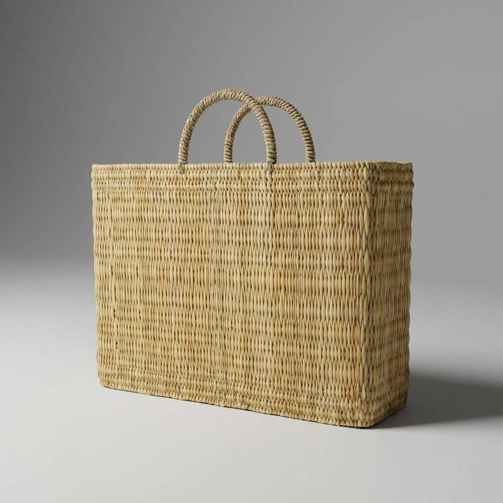 Natural Woven Reed Market Basket Tote - Boho Beach Style