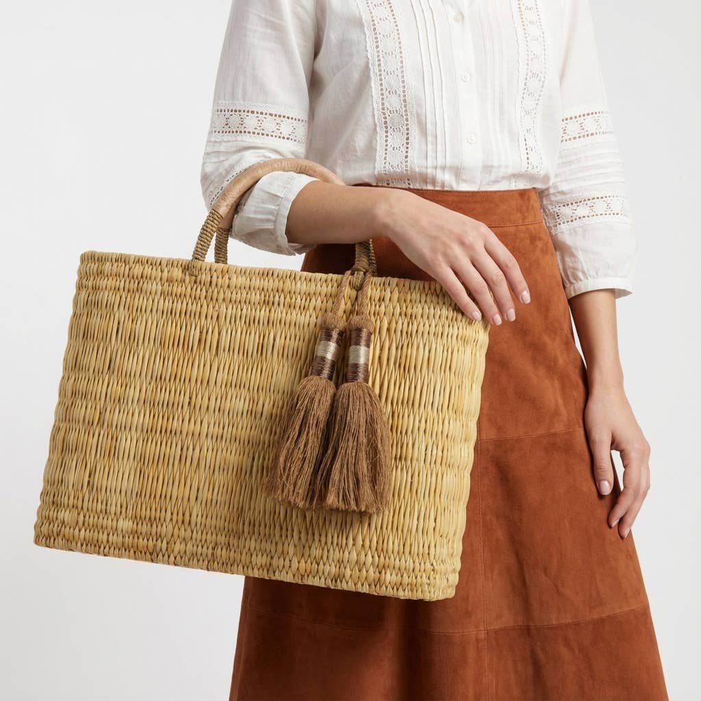Woven Reed Market Basket - Leather Handles & Tassels